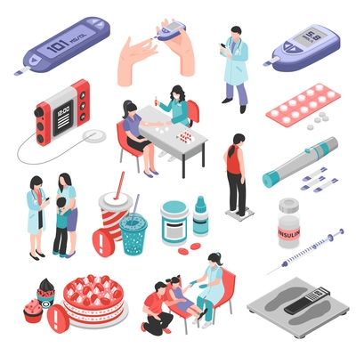 Diabetes isometric set with sugar level test medication forbidden food insulin injection weight control isolated vector illustration