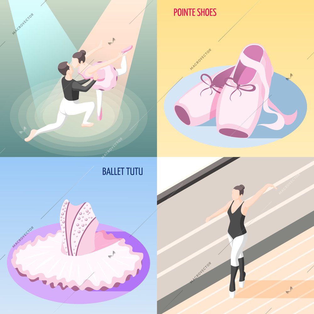 Ballet 2x2 design concept set of dancer couple ballerinas training at barre tutu and pointe shoes isometric compositions vector illustration