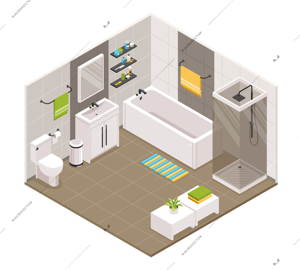 Bathroom interior isometric view with bath shower cabine cubicle toilet sink units towel holders accessories vector illustration