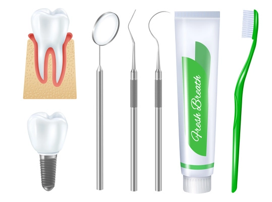 Realistic dental set of toothbrush toothpaste tube denture on implant base and medical tools for teeth treatment vector illustration