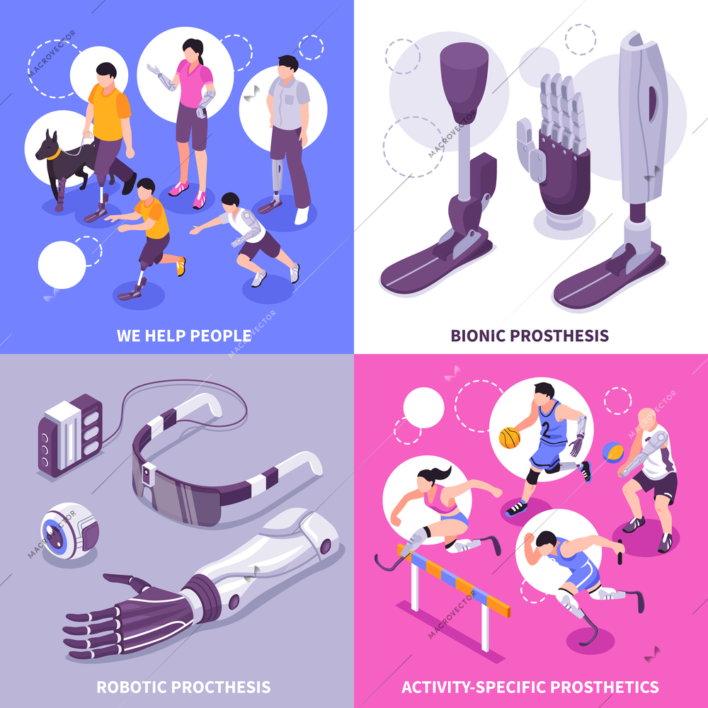 Bionic prosthesis 4 isometric icons concept with robotic limbs for specific activities brain controlled eye vector illustration