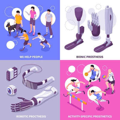 Bionic prosthesis 4 isometric icons concept with robotic limbs for specific activities brain controlled eye vector illustration