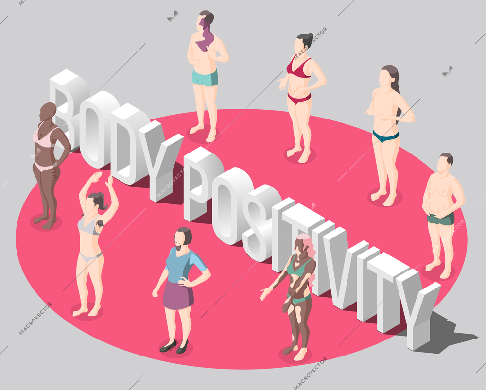 Body positivity isometric poster with people standing in red round dressed in swimsuits not hiding features of body vector illustration