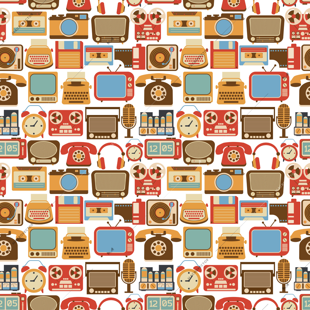 Vintage retro gadgets seamless pattern with radio vinyl player alarm clock isolated vector illustration