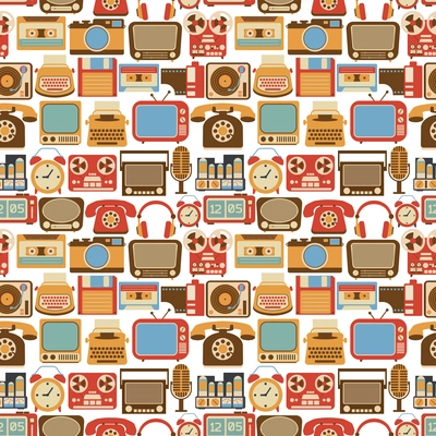 Vintage retro gadgets seamless pattern with radio vinyl player alarm clock isolated vector illustration