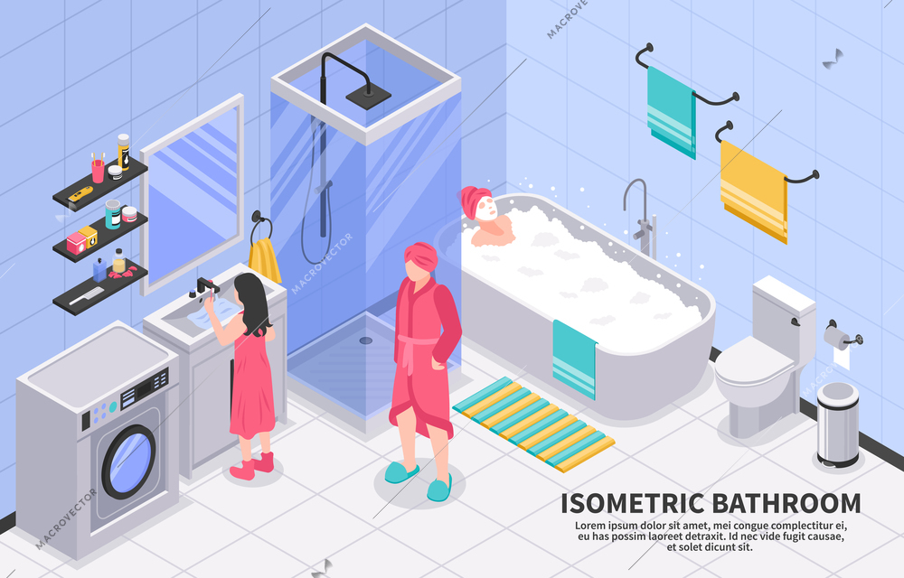 Family bathroom with shower cabin cubicle washing machine isometric composition with taking bath brushing teeth vector illustration