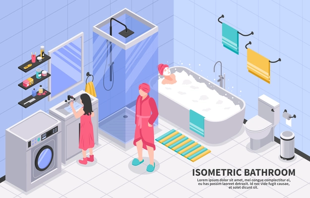 Family bathroom with shower cabin cubicle washing machine isometric composition with taking bath brushing teeth vector illustration