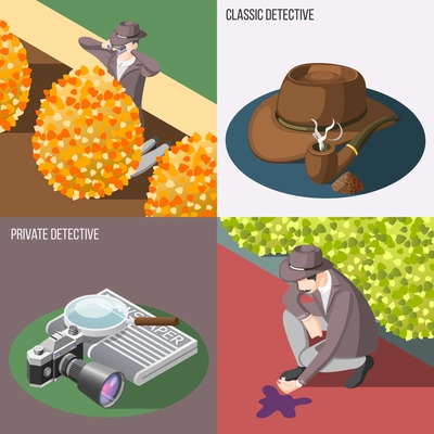 Classic and private detective 2x2 design concept with secret surveillance and murder investigation isometric compositions vector illustration