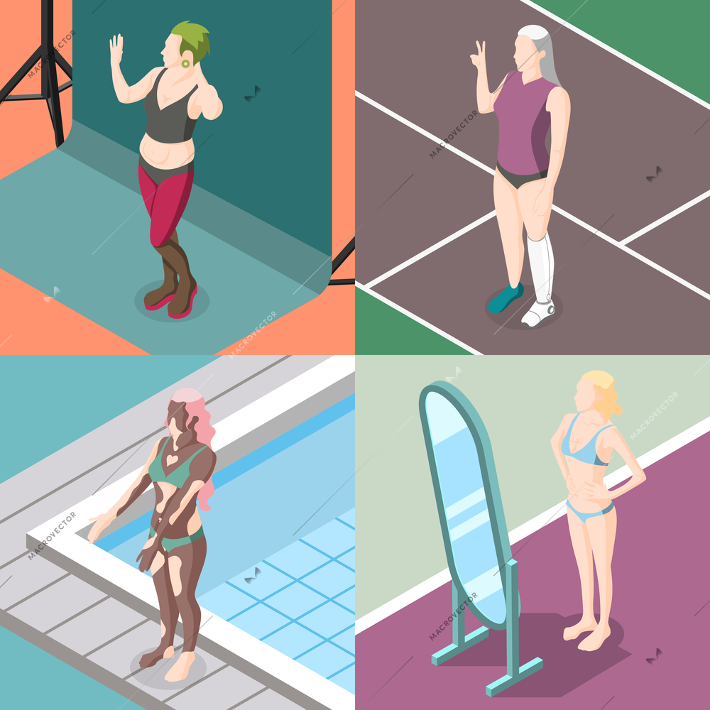 Body positivity movement 2x2 design concept set of women with freaks and health problems isometric vector illustration