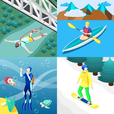 Extreme sports 2x2 design concept with people engaging in bungee jumping diving kayaking snowboarding isometric vector illustration