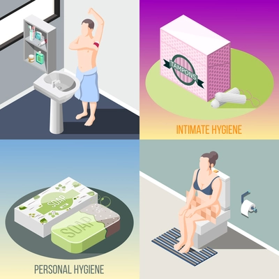 Hygiene isometric 2x2 design concept set of people in bathroom and toilet interiors and items for personal and intimate hygiene vector illustration