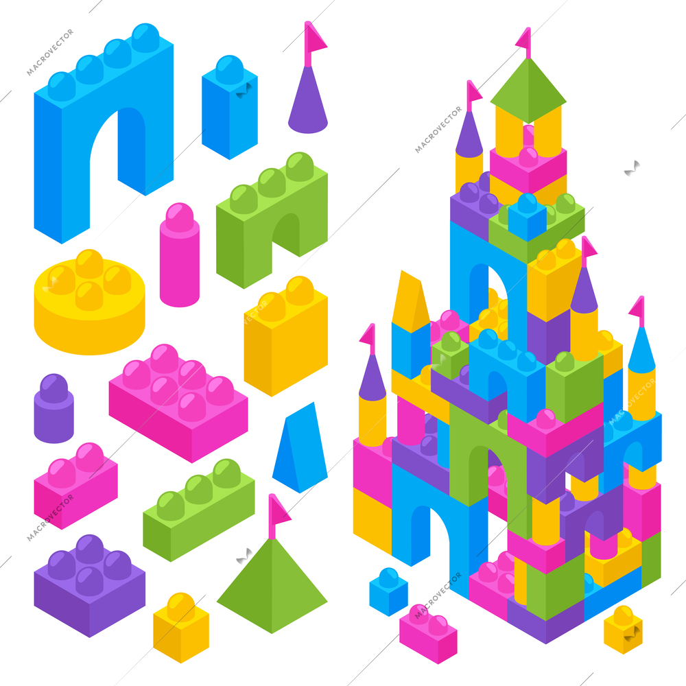 Children toy constructor isometric advertising composition with colorful building blocks and castle from plastic bricks vector illustration