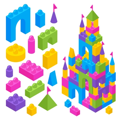 Children toy constructor isometric advertising composition with colorful building blocks and castle from plastic bricks vector illustration