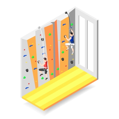 Extreme sports design concept with two male characters climbing up on training climbing wall with grips and holds isometric vector illustration