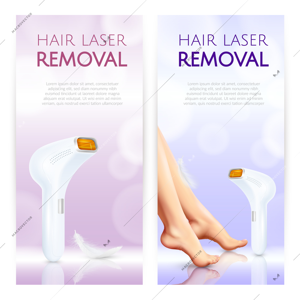 Hair removal vertical banners with laser epilator smooth woman legs and place for description text realistic vector illustration