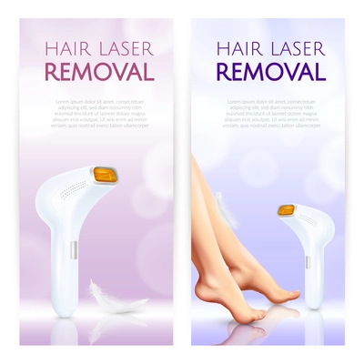 Hair removal vertical banners with laser epilator smooth woman legs and place for description text realistic vector illustration