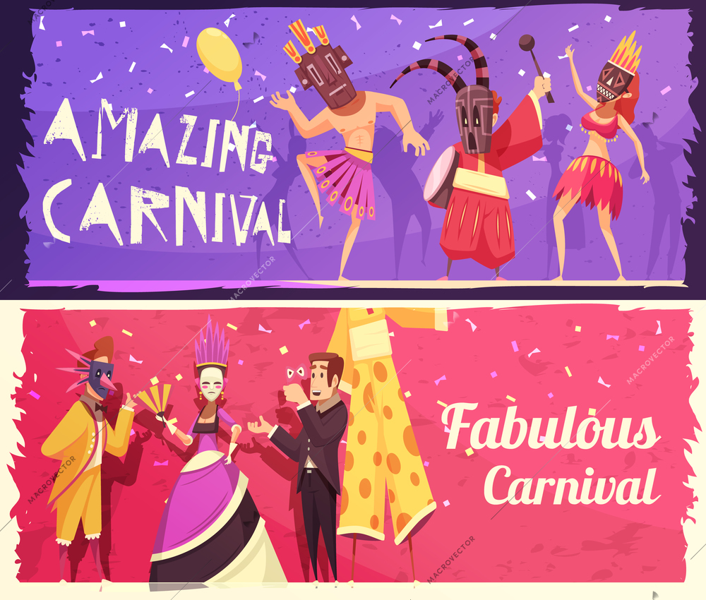 Colorful set of two horizontal cartoon banners with people wearing costumes at carnival party isolated vector illustration