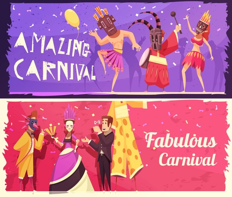 Colorful set of two horizontal cartoon banners with people wearing costumes at carnival party isolated vector illustration