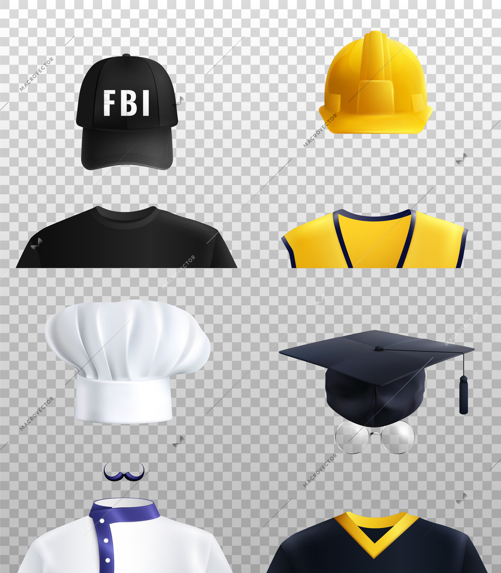 Different professions hats set with cook and FBI symbols realistic isolated vector illustration