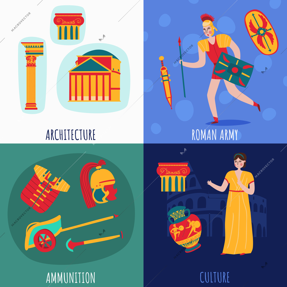 Ancient rome empire design concept with isolated flat icons of vintage symbols costumes and human characters vector illustration