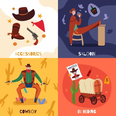Wild west cowboy design concept with compositions of flat icons text and images of vintage stuff vector illustration