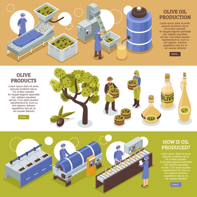 Olive harvesting conservation and oil production process 3 isometric horizontal banners web page design isolated vector illustration