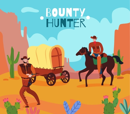 Wild west cowboy composition with desert scenery and vintage human characters with flat images and text vector illustration