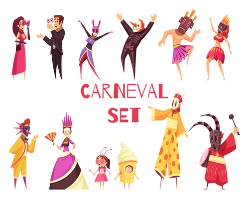 Cartoon set of male and female people wearing colorful carnival party costumes isolated on white background vector illustration