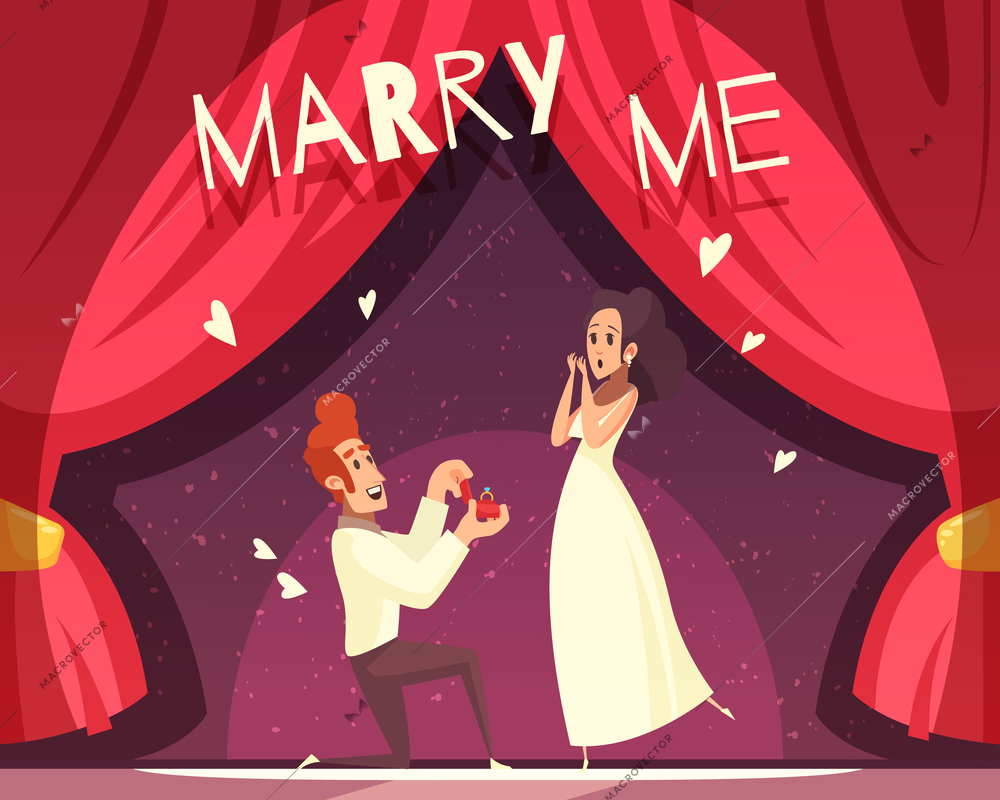 Wedding background with man proposing to young lady cartoon vector illustration