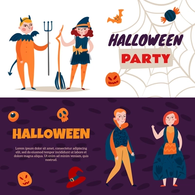 Set of two horizontal halloween kids banners with flat icons and human characters with editable text vector illustration