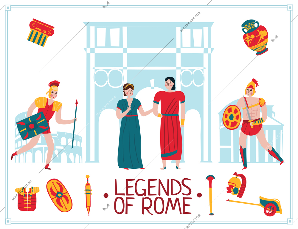 Ancient rome empire poster with isolated icons and pantheon silhouettes with text and human characters vector illustration