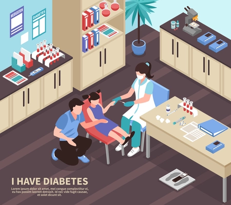 Diabetes medical treatment isometric composition with nurse giving insulin injection to patient girl in hospital vector illustration