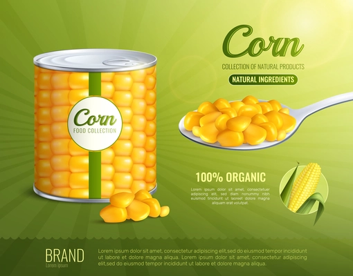 Corn advertising composition with natural ingredients symbols realistic vector illustration