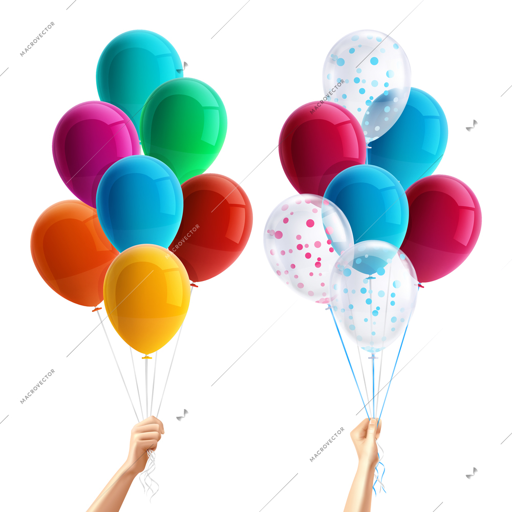 Party balloons in hand realistic composition with yellow green red and pink balloons isolated vector illustration