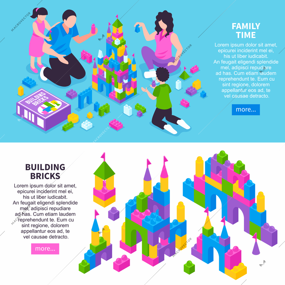 Toy constructor isometric horizontal web page banners with family building castle from colorful plastic bricks vector illustration