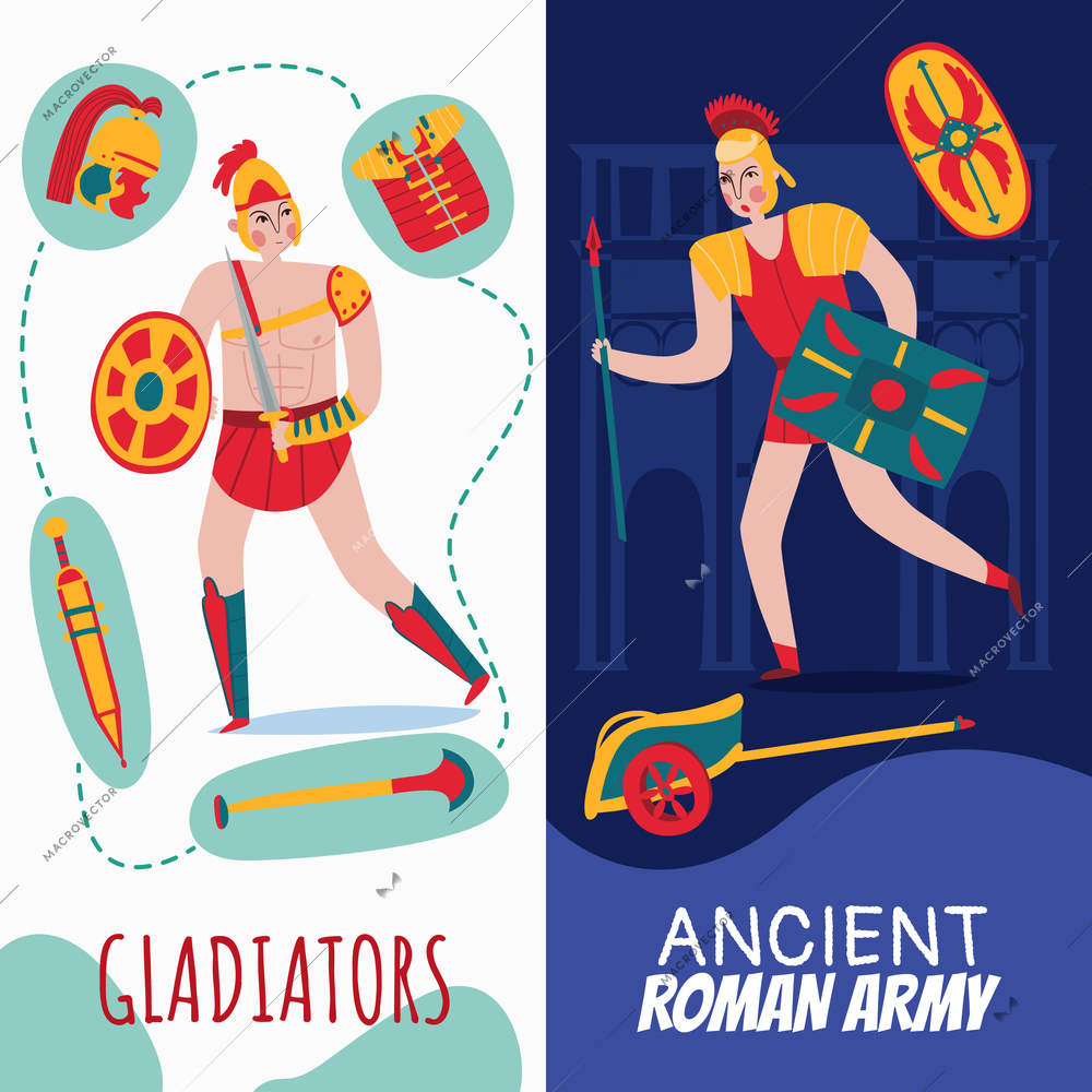 Ancient rome empire vertical banners set with hand written style text and flat cartoon human characters vector illustration