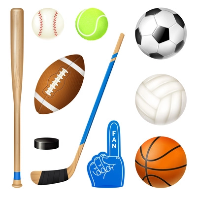 Sport inventory realistic icons set of volleyball basketball football balls hockey stick and baseball bat vector illustration