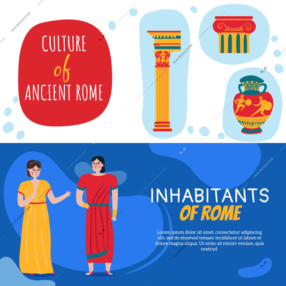 Set of two ancient rome empire horizontal banners with editable text and human characters in tunics vector illustration