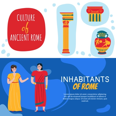 Set of two ancient rome empire horizontal banners with editable text and human characters in tunics vector illustration