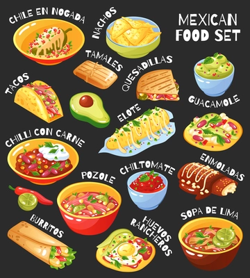 Traditional mexican food menu items set with tacos burritos chili con carne guacamole chalkboard background vector illustration