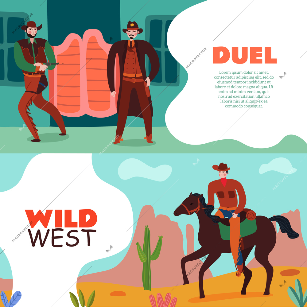 Wild west cowboy banners collection of two horizontal compositions with editable text and flat vintage scenery images vector illustration