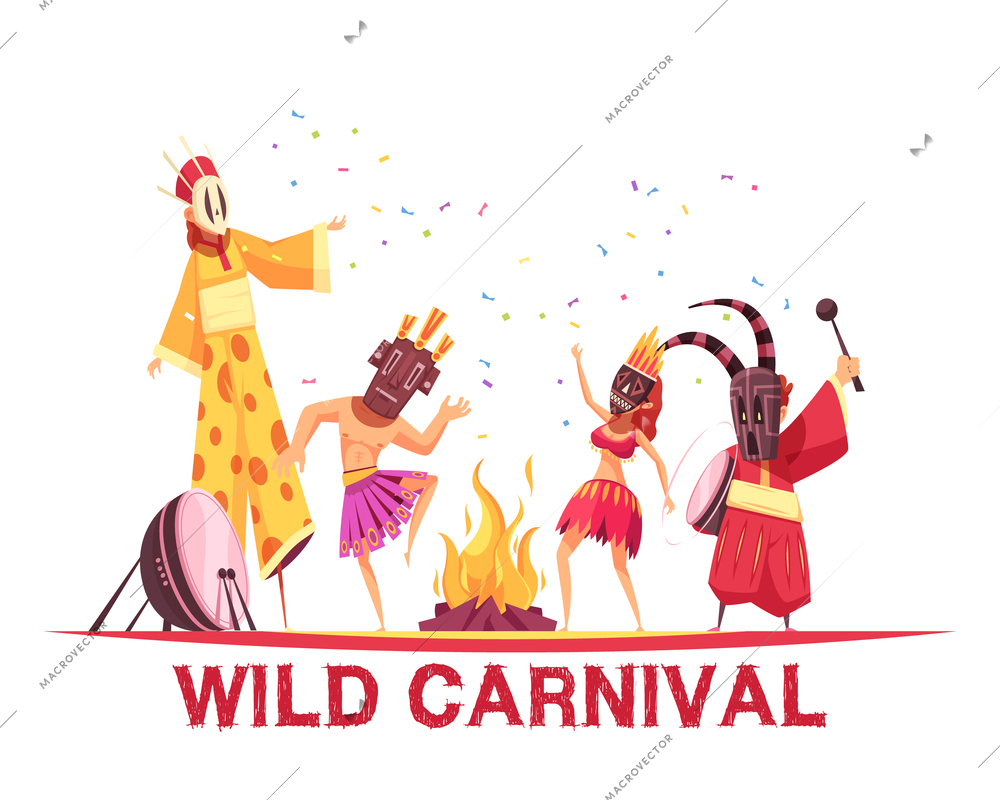 People wearing african costumes and dancing at wild carnival party cartoon vector illustration