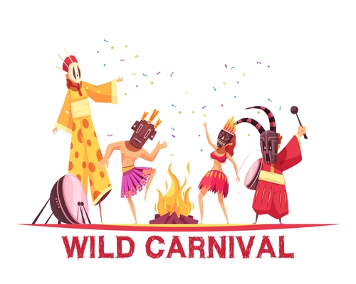 People wearing african costumes and dancing at wild carnival party cartoon vector illustration