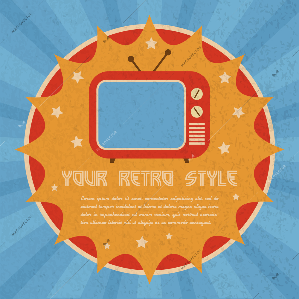 Retro style badge poster with old tv with lamp screen and antenna vector illustration.