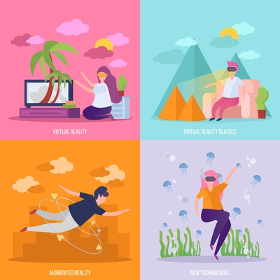 Virtual reality concept 4 orthogonal icons  with vr glasses travel flying and diving experience isolated vector illustration