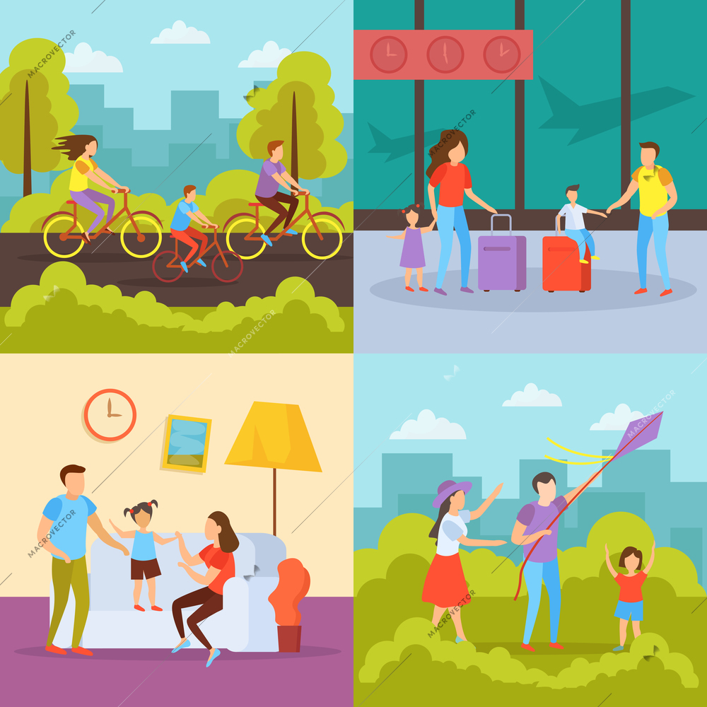 Family free time activities 4 orthogonal icons concept with vacation travel outdoor cycling home together vector illustration