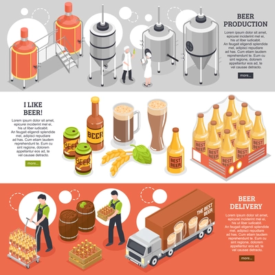 Beer production distribution consumption 3 isometric horizontal website banners with brewing process and delivery service vector illustration