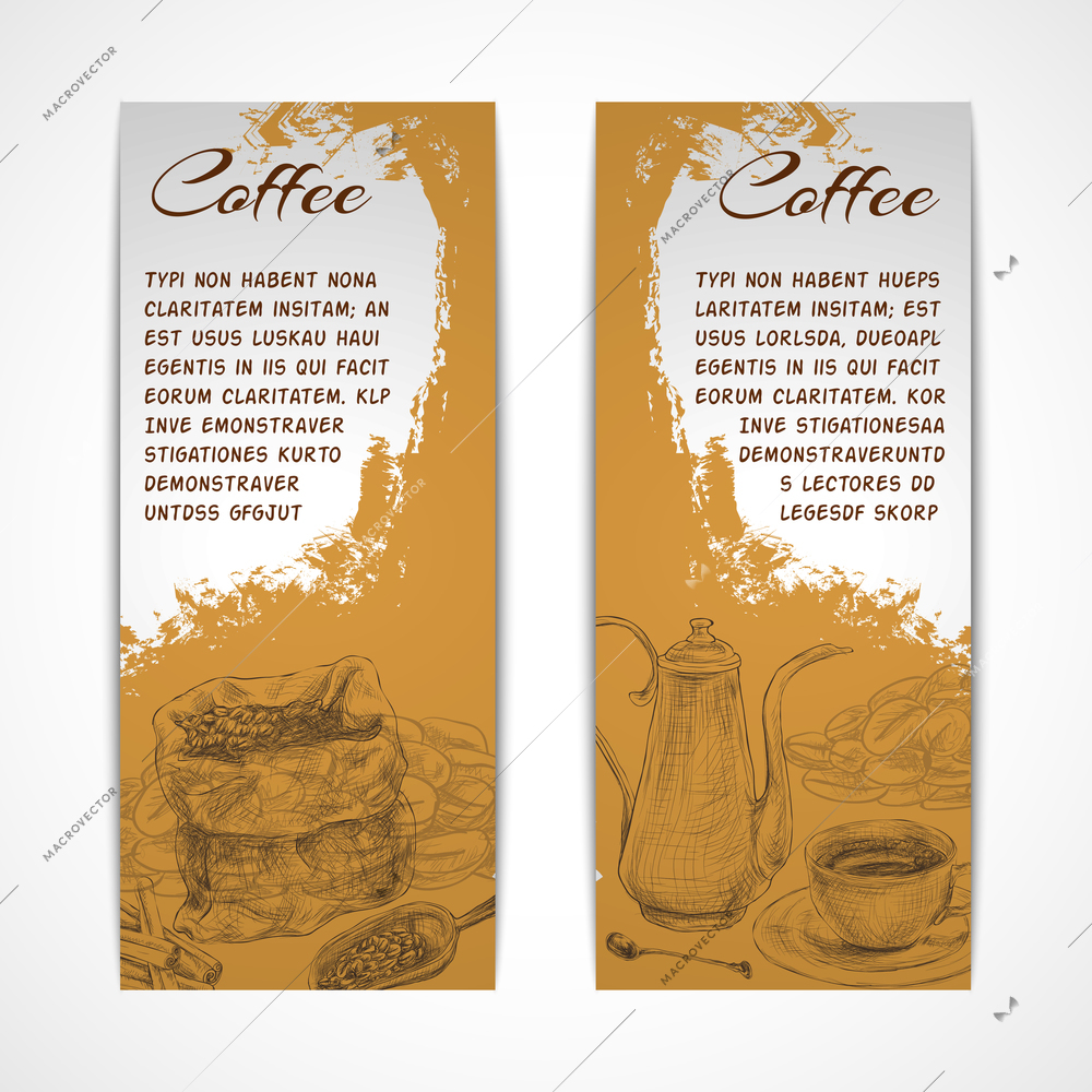 Two vertical retro espresso coffee set collection banners with beans grinder and coffeepot doodle handdrawn vector illustration