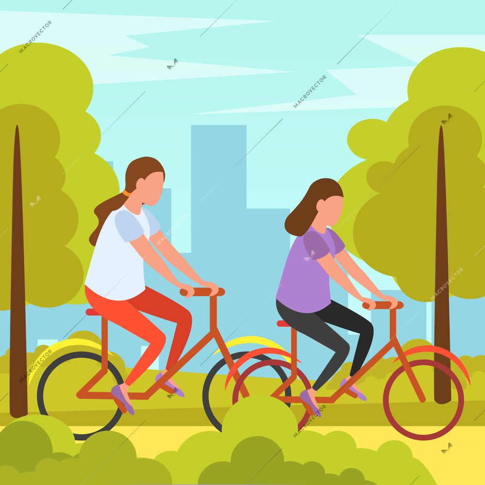 Best friends summer holidays vacation outdoor activity orthogonal composition  with girls cycling in park together vector illustration