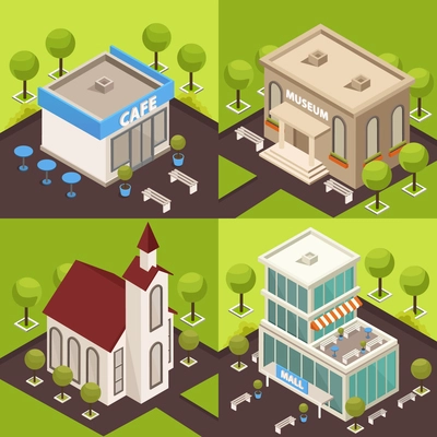 Urban architecture historical and modern public buildings 4 isometric icons concept with museum church cafe vector illustration